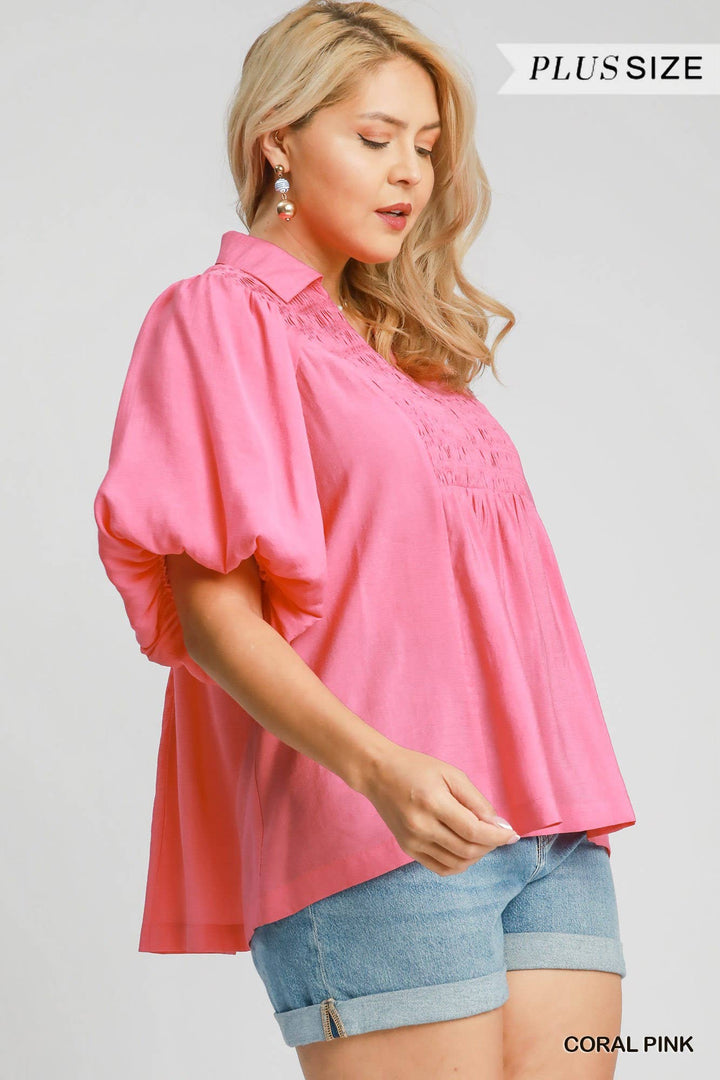 Plus Exaggerated Bubble Sleeve Top With Front Yoke