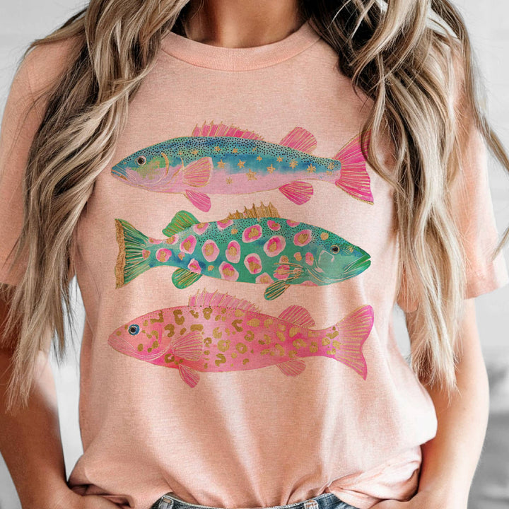 Coastal Preppy Fish Pink Blue Beach Ocean Club Graphic Tee
