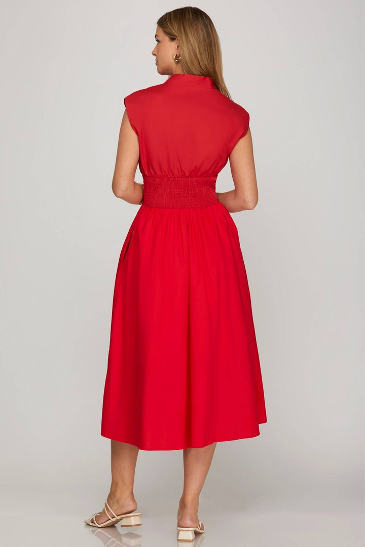 Drop Shoulder Smocked Waist Midi Dress