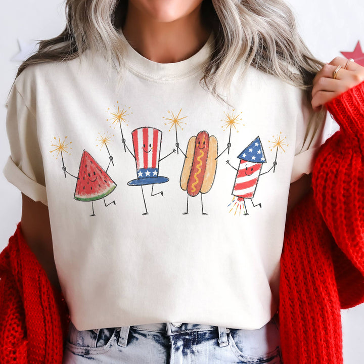 USA Vintage 4th of July Fireworks Hot Dogs Retro Graphic Tee