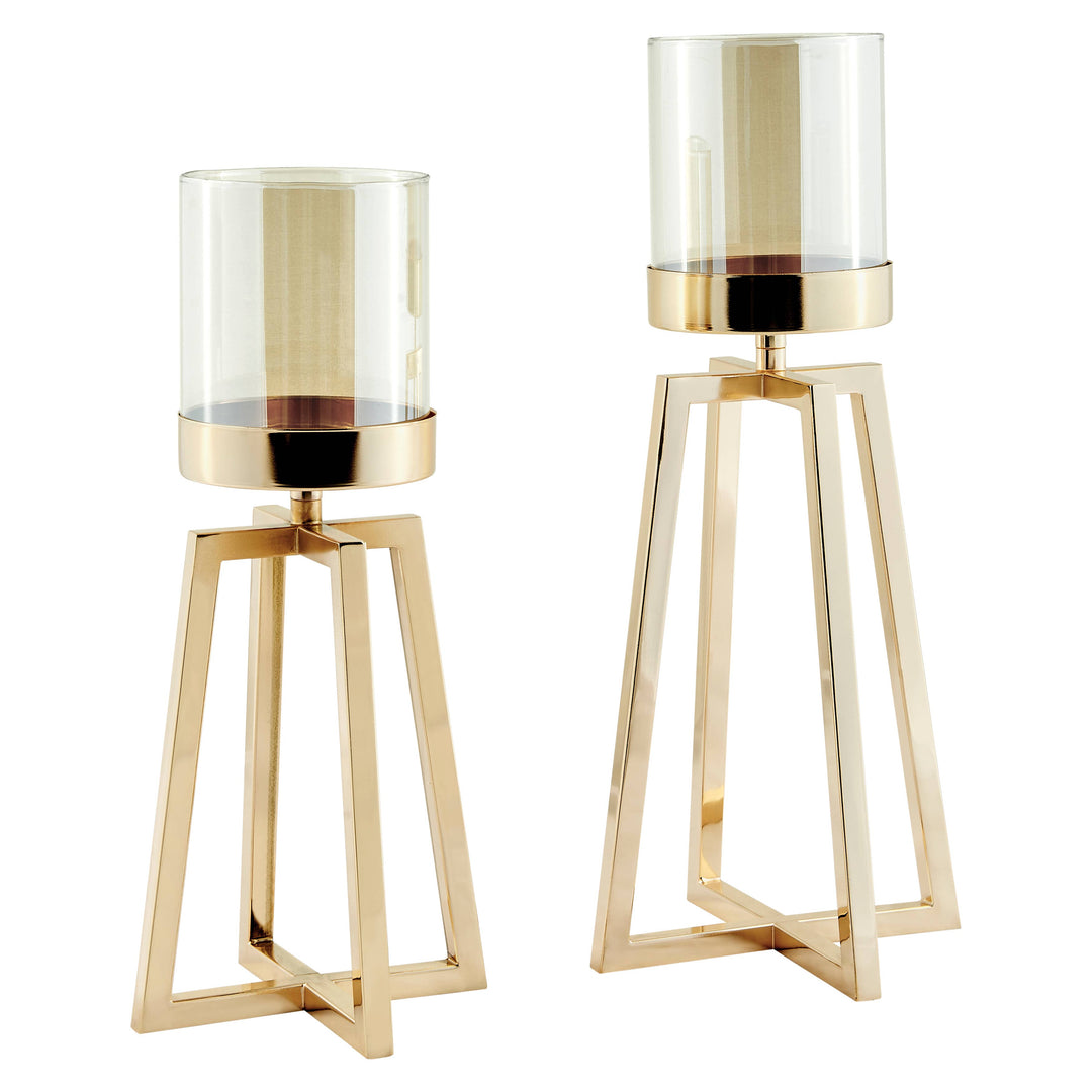Maeve Gold Pedestal Hurricane Candle Holders - Set of 2