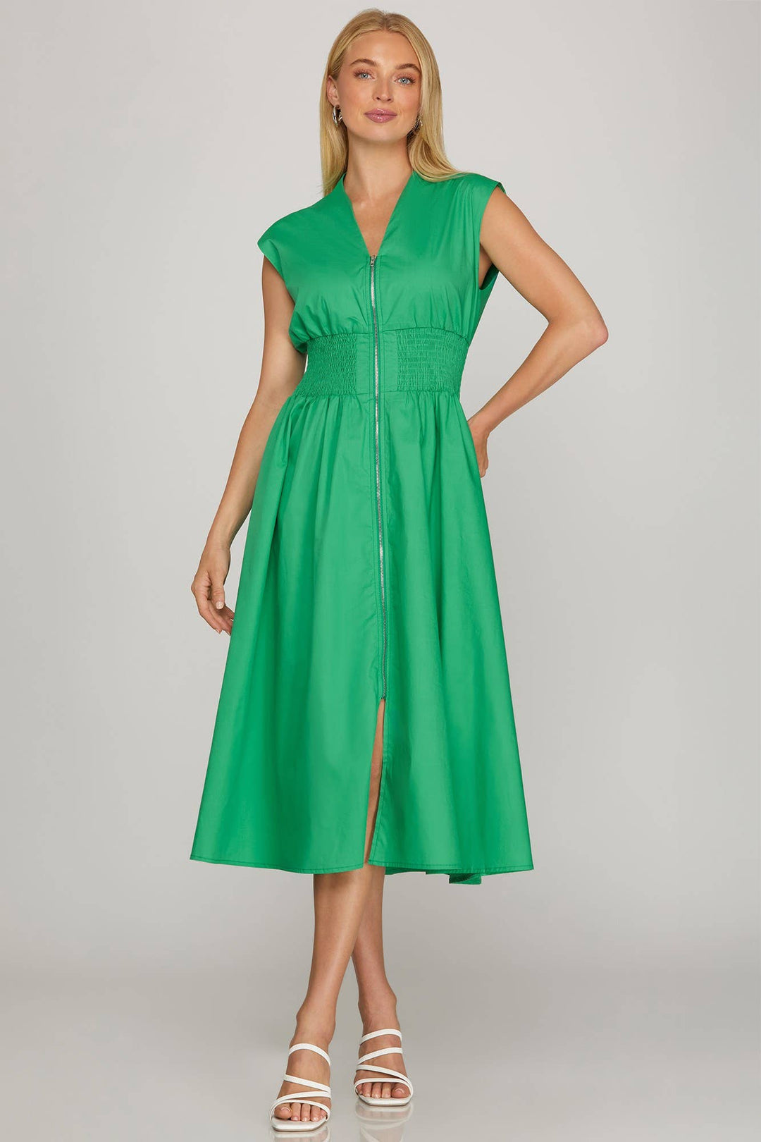 Drop Shoulder Smocked Waist Midi Dress