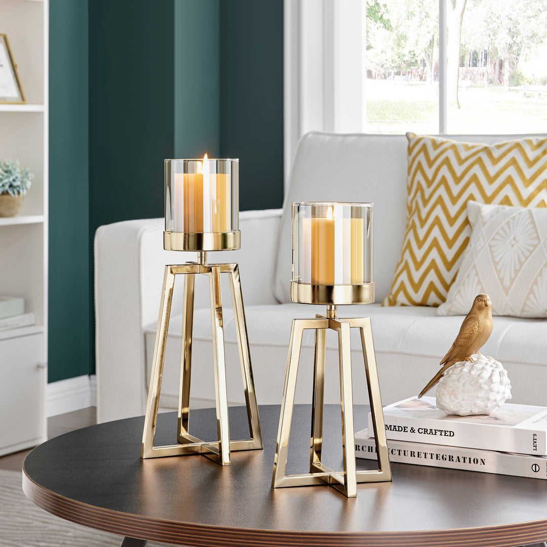 Maeve Gold Pedestal Hurricane Candle Holders - Set of 2