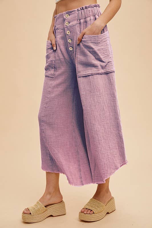 Mineral Washed Fray Hem Linen Cotton Wide Pants