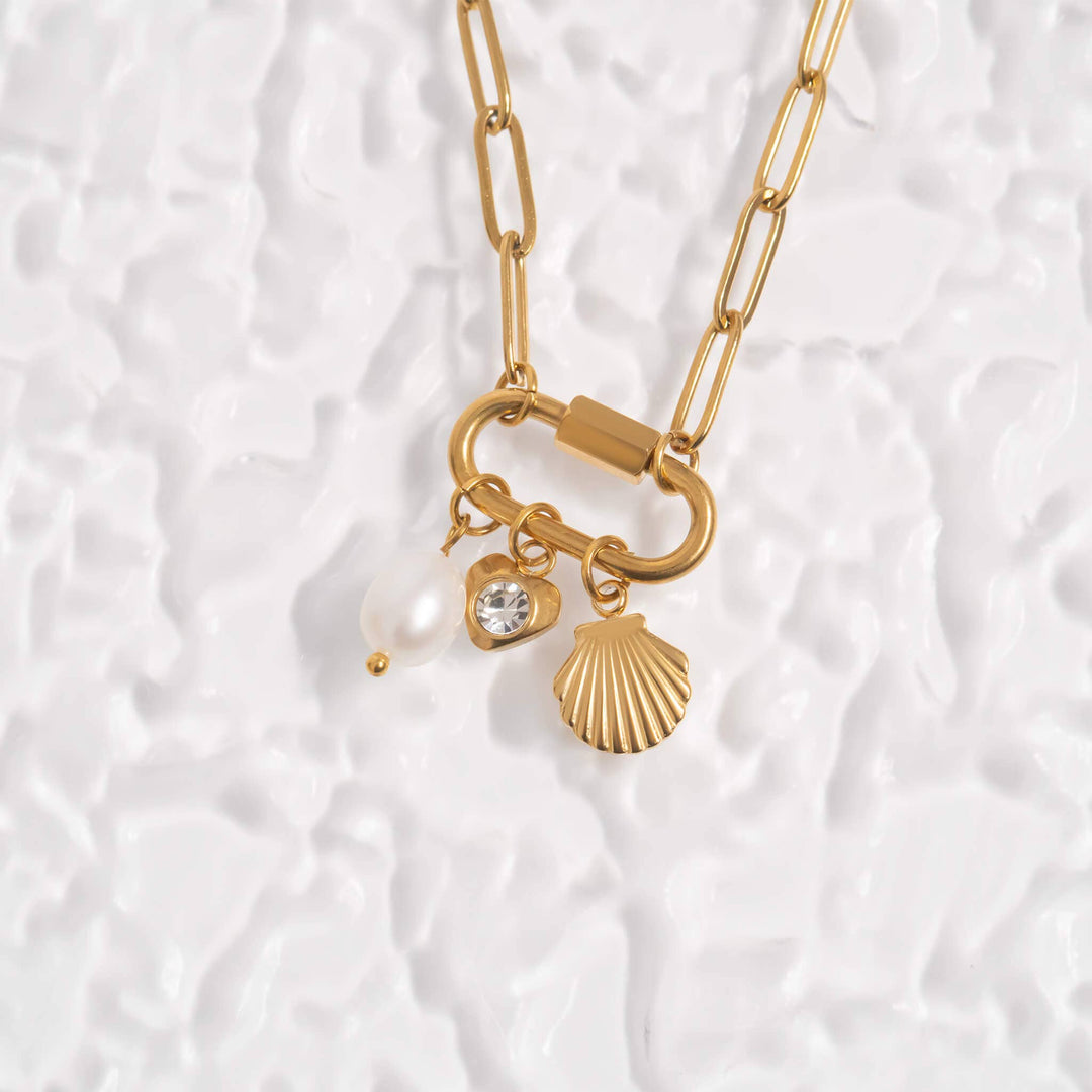 18K Gold PVD Stainless Steel Sea Shell Carabiner Necklace