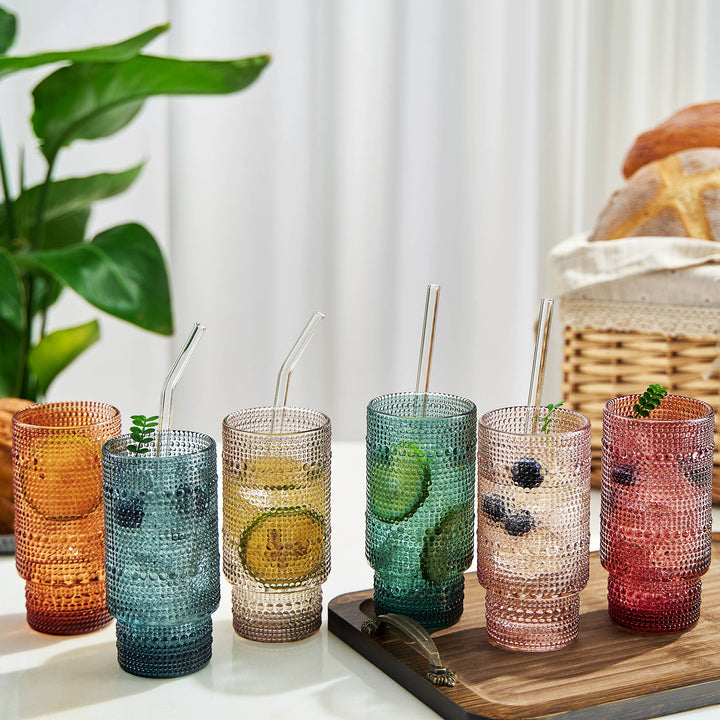 Hobnail Highball Glasses | Set of 6 | with Glass Straws