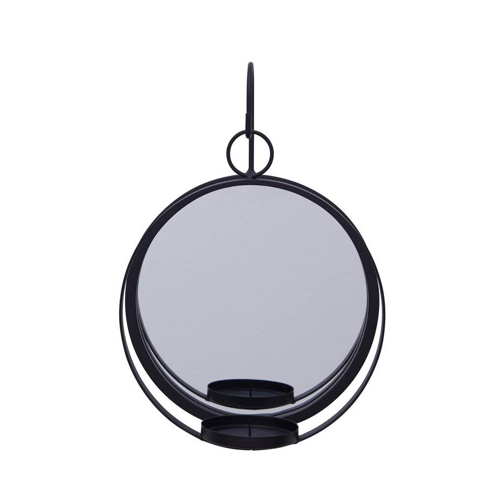 Round Wrought Iron Pillar Candle Sconce with Mirror