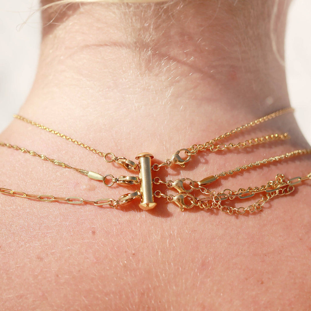 Gold Stainless Steel 3 Row Layering Necklace Magnetic Clasp