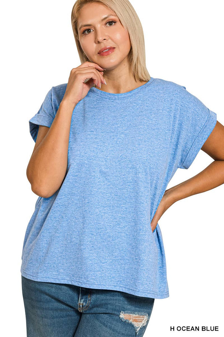 Plus Round Neck Folded Short Sleeve T-shirt