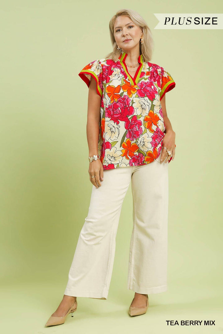 Plus Floral Print Blouse With Contrast Trim